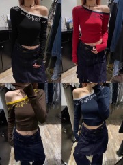 韓國東大門秋季新款韓版洋氣百搭斜肩字母印花上衣針織衫