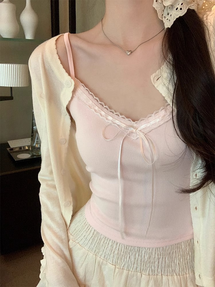 92 Cotton/8 Spandex Pure Cotton Lace V-neck Sling Vest Women