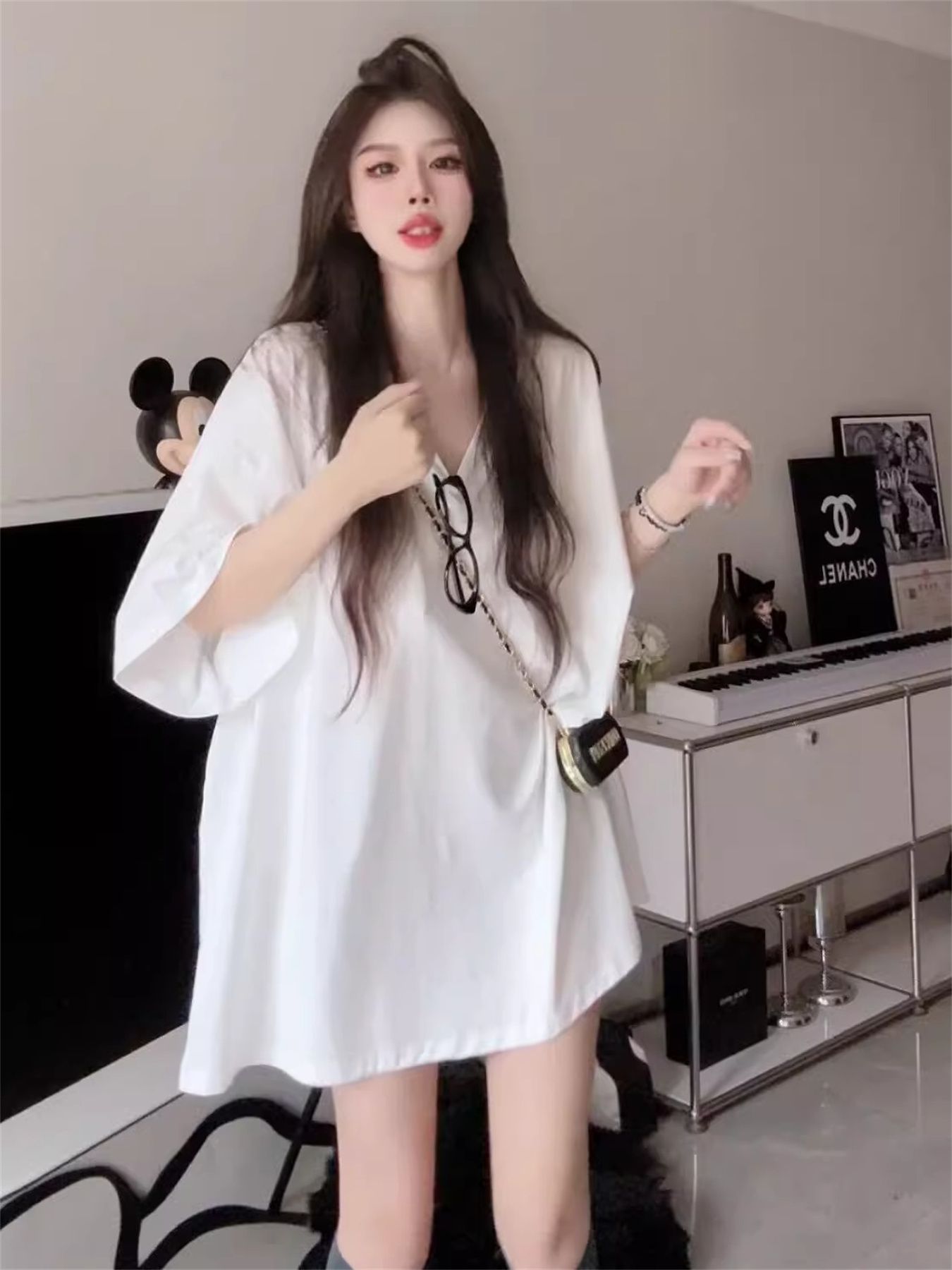 Official picture 260g modal thread V-neck T-shirt for women short-sleeved summer long loose large version oversize