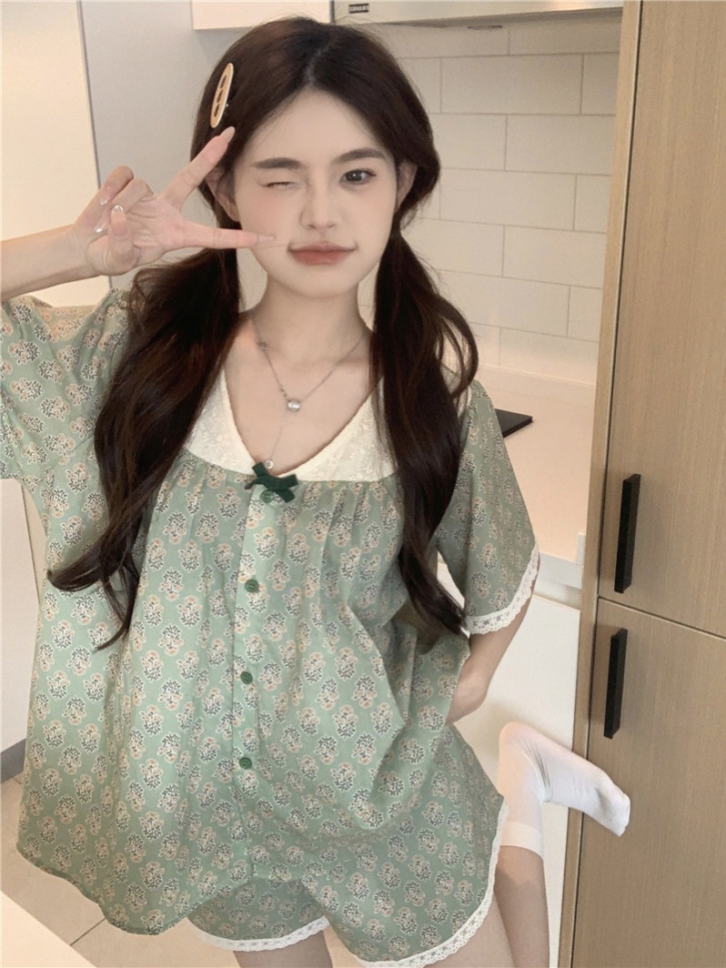 實拍韓版甜美公主風寬鬆全棉撞色蕾絲復古印花夏季家居服套裝