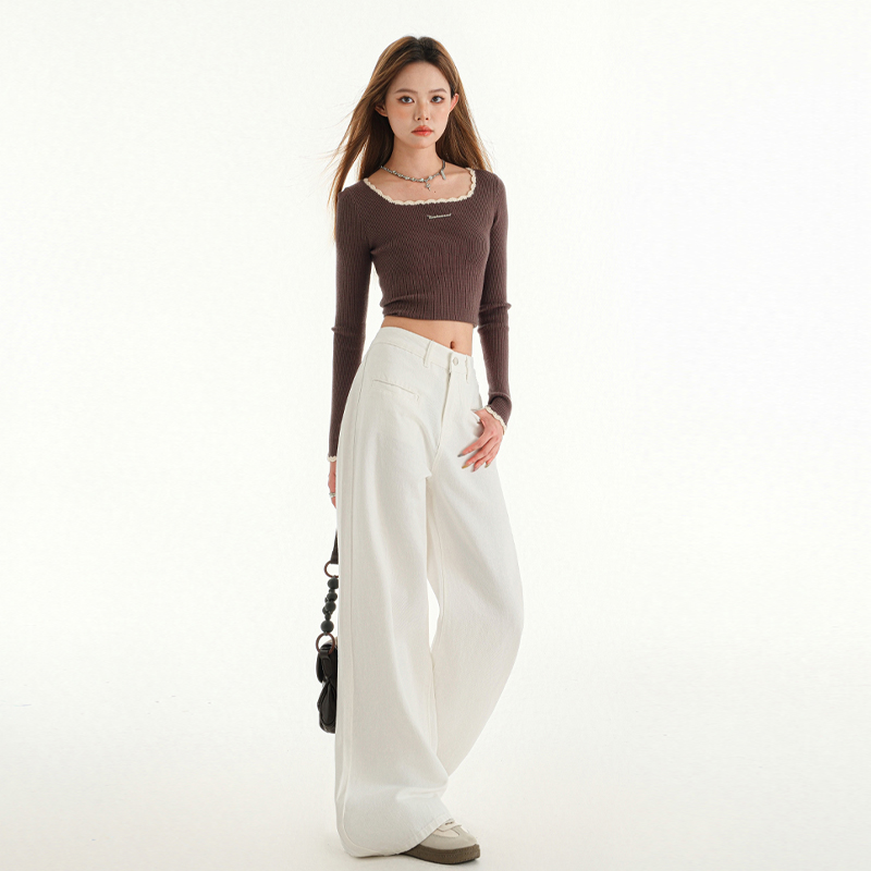 New pocket design, simple and fashionable ~ Leather brand white wide-leg jeans for women with high waist loose drape straight pants