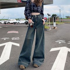 Trendy neutral double button floor jeans for women in spring and autumn design high waist slim loose wide-leg jeans trendy