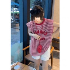 條紋薄款冰絲針織衫女2025新款夏季寬鬆針織背心無袖上衣女夏