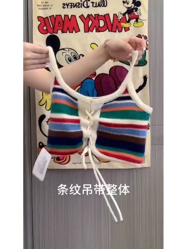 非實拍多巴胺彩虹吊帶小背心穿搭外穿泰式海邊甜辣妹短款上衣