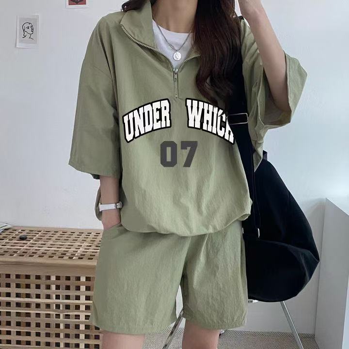 休閒運動服套裝女夏季印花新款短袖短褲校園風可愛少女跑步兩件