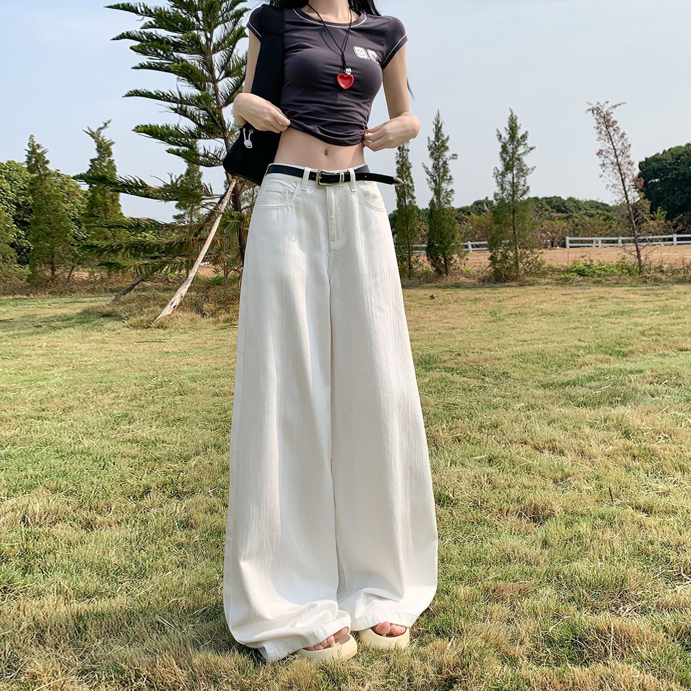 American high street vintage white wide-leg jeans for women simple Maillard casual loose lazy floor pants
