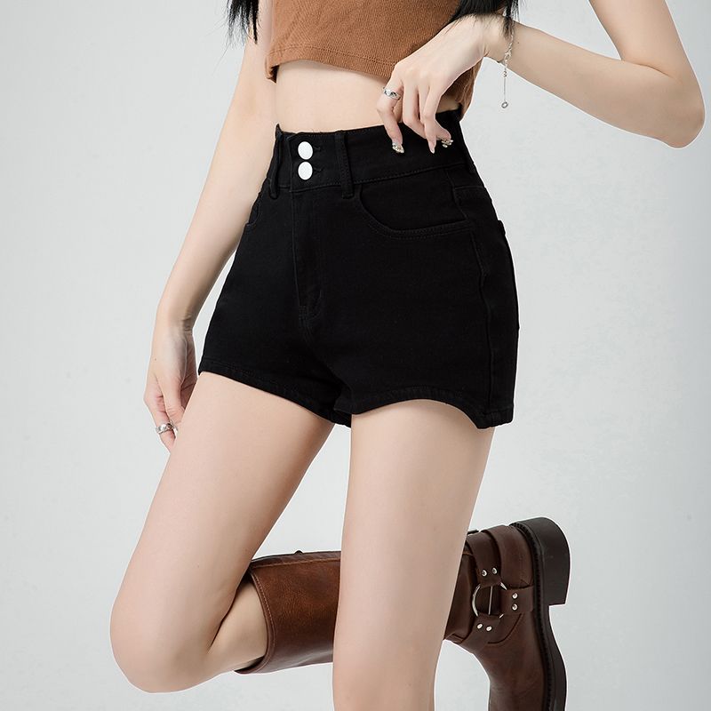 Korean casual double button denim shorts for women in spring and summer new style to make them look slim and taller versatile high-waisted denim straight-lip hot pants