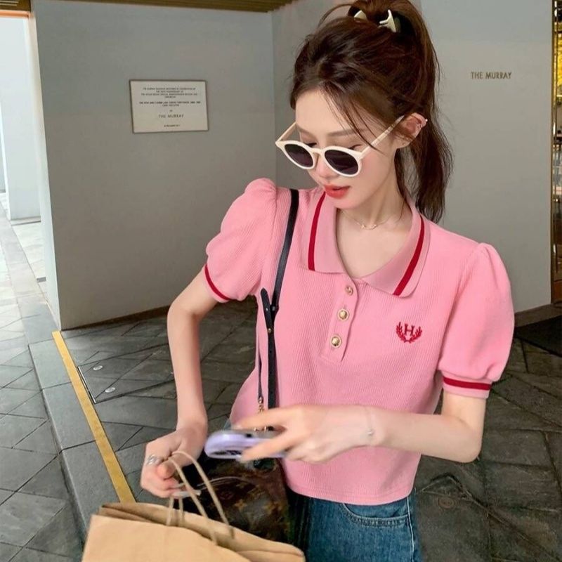V-neck college style Polo shirt for women in summer tennis girl sports style casual T-shirt short lapel short sleeve top