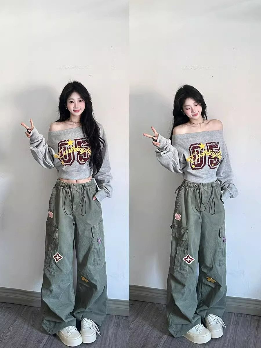 American retro green diamond orchid casual pants for women in spring and autumn new drawstring design wide-leg work pants