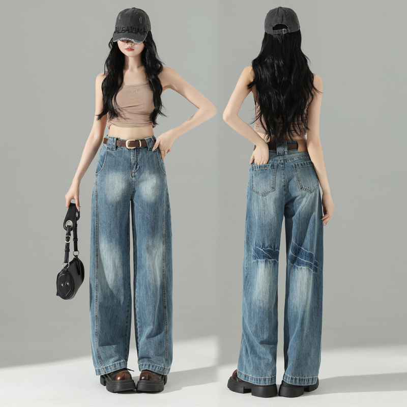 Layered mottled wash marks ~ Scythe jeans for women with high waist loose banana pants design sense floor-moving wide-leg pants