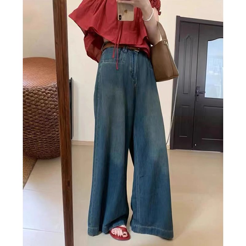 Commuting Korean high-waist wide-leg jeans for women in spring and autumn new loose draping slim and versatile floor jeans