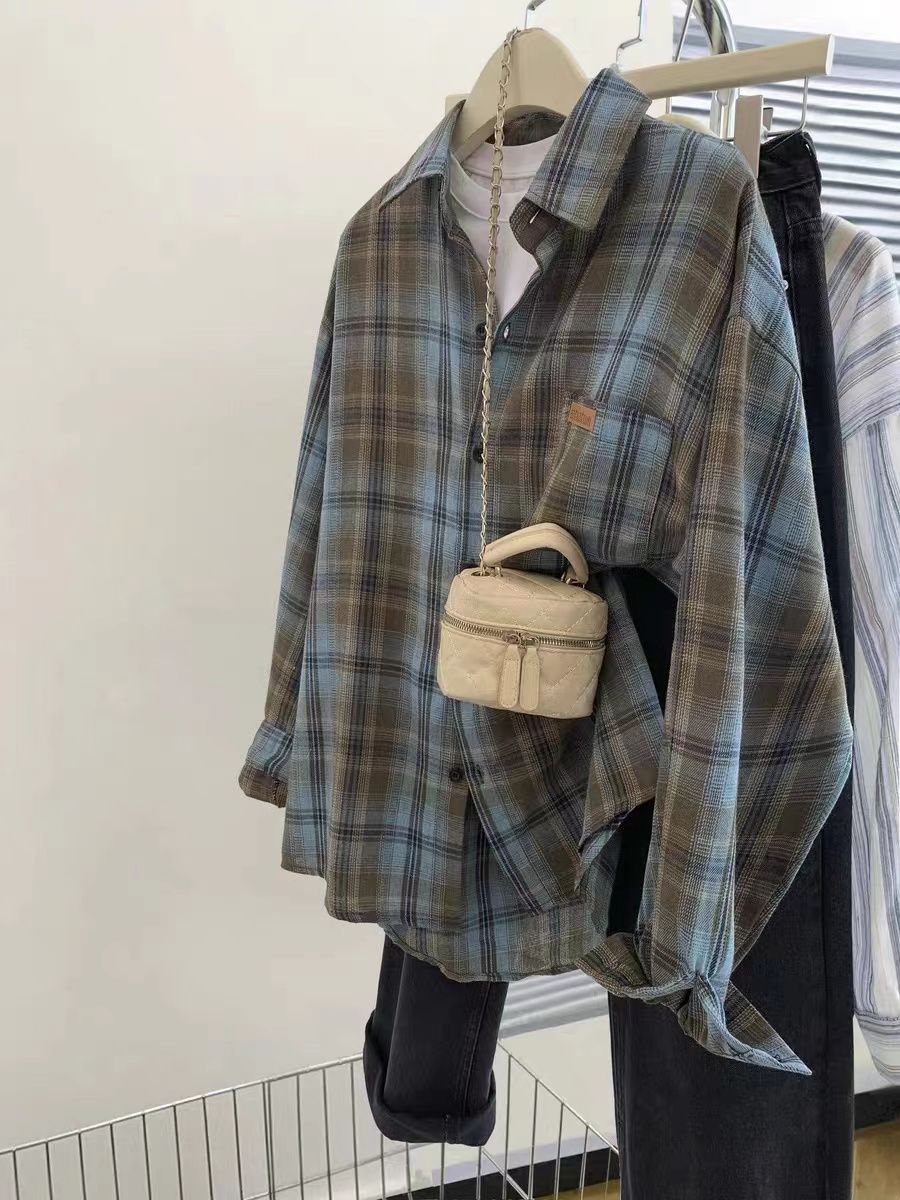 Original color plaid plaid shirt women's long-sleeved retro casual shirt spring and autumn