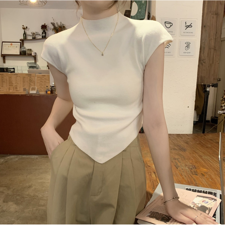 Irregular semi-high neck solid color short-sleeved sweater for women 2025 summer slim fit and slim temperament short versatile top