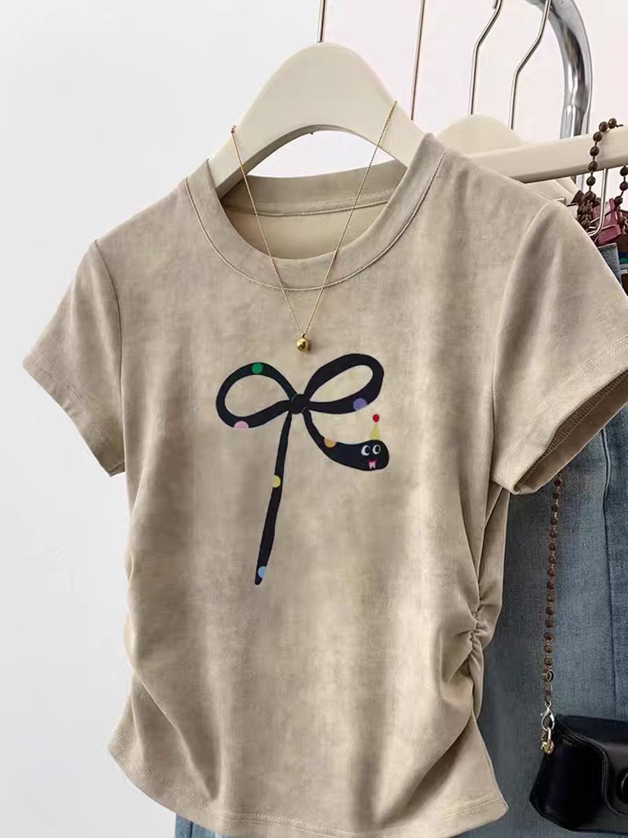 Pure cotton high elastic pleated waist small flying sleeve short sleeve T-shirt for women in summer new slim T-shirt top