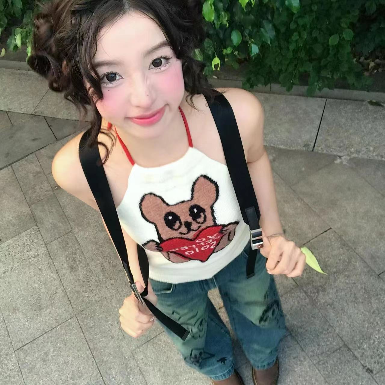 Sweet Love Bear Neck Knit Strap Women Autumn Winter Design Korean Style Cute Tank Top for Layering Sleeveless Backless Top