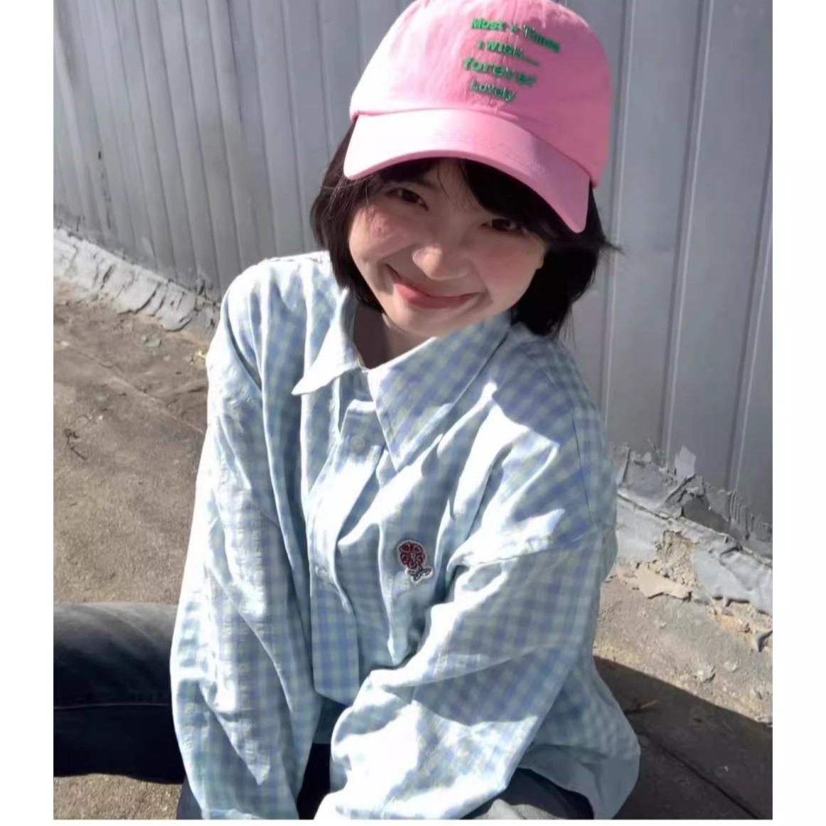假兩件藍色拼接格子襯衫男女秋寬鬆防曬上衣外套長袖甜美百搭襯衣