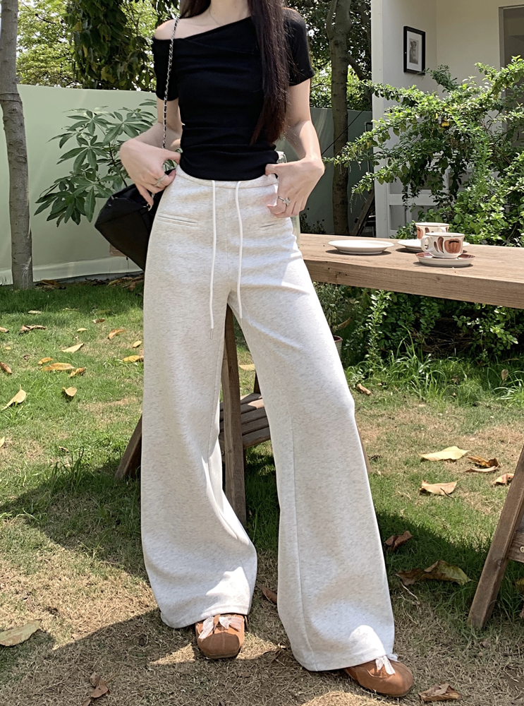 Real shot of drawstring design wide-leg pants American high-waist loose casual trousers