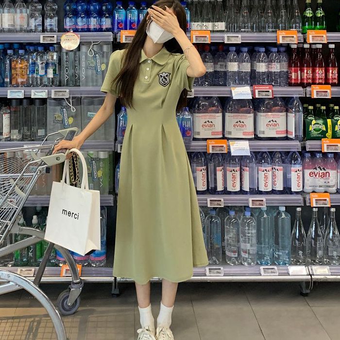 Polo collar T-shirt dress for women with niche design sense summer Korean gentle and chic puff sleeve waist-hugging long skirt
