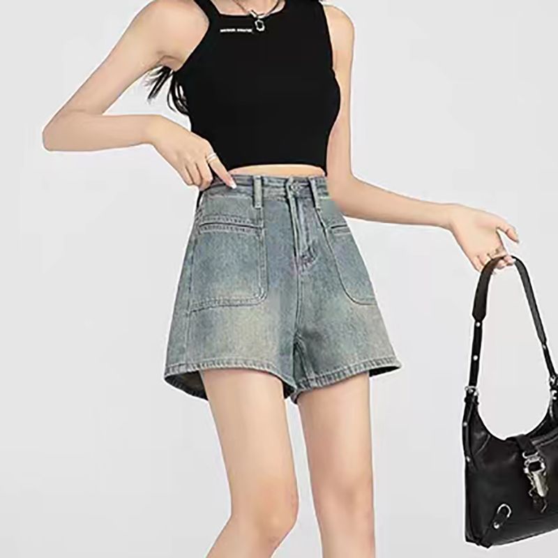 Sweet and spicy ins denim shorts for women in spring and summer new high-waisted slim A-line paired with loose and versatile wide-leg denim hot pants