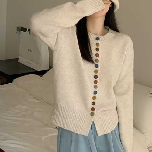Korean simple color button knitted cardigan for women 2024 autumn and winter new loose short high-end sweater top