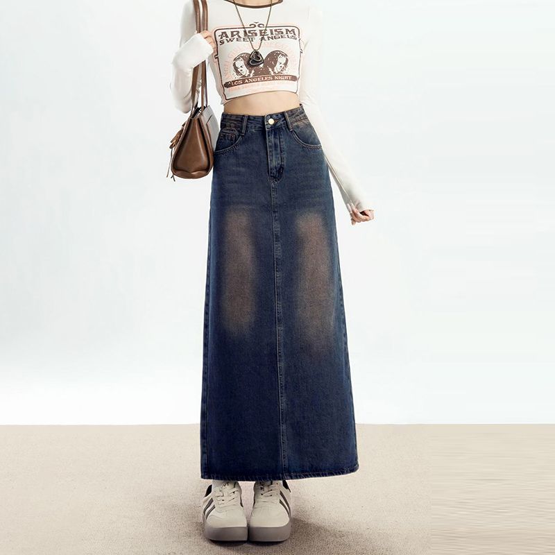 Personalized trendy high-waisted A-line denim skirt for women with spring and summer new style slim and high-slit hip-pack denim skirt