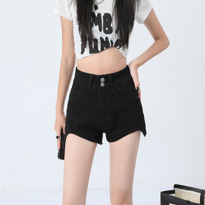 Simple Korean version of high-waist denim shorts for women in spring and summer new hot girls look slim and versatile A-line denim shorts trendy