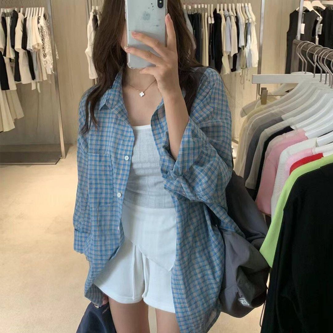 Original fabric Three-Biaoqi autumn blue plaid shirt jacket women's fashionable casual top