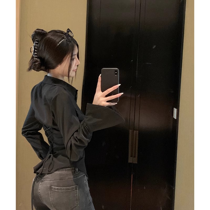法式氣質喇叭袖黑色翻領襯衫女春季高級感辣妹收腰綁帶顯身材上衣