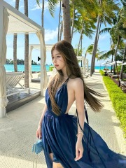 深v性感露背連衣裙海邊度假沙灘裙夏季新款旅遊穿搭掛脖長裙仙女