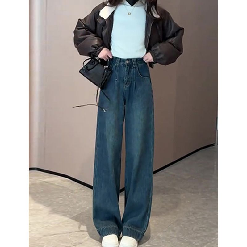 Commuting versatile straight jeans for women in spring and autumn new high-waisted meat covering retro slimming and personalized jeans