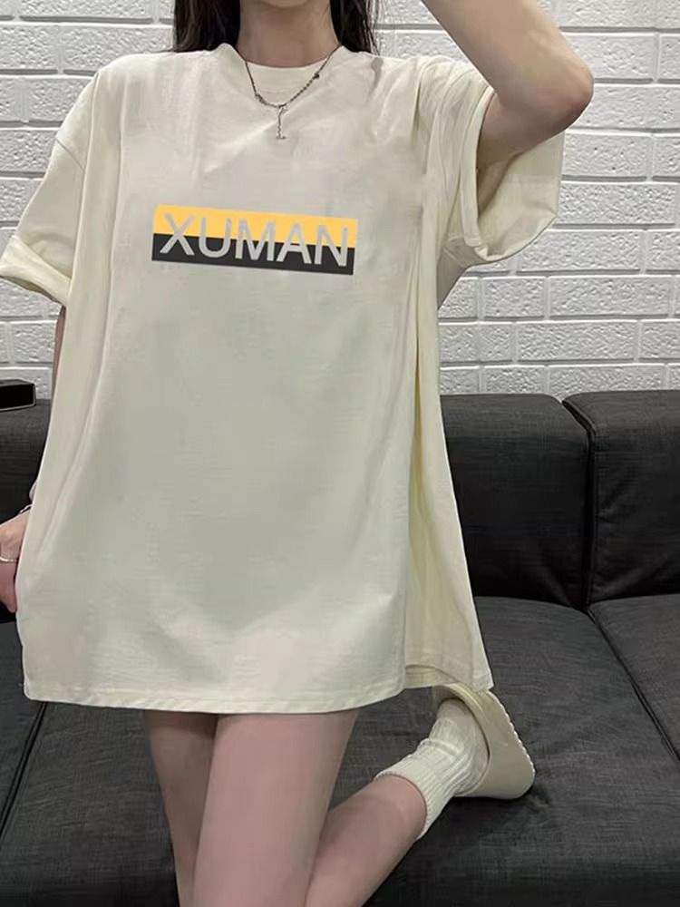 200g pure cotton 2025 new summer large size loose mid-length dress fat mm short-sleeved T-shirt skirt for women