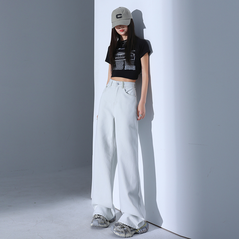Avocado green + tea and apricot color + high-end gray and white loose wide-leg denim high-waist straight-leg pants