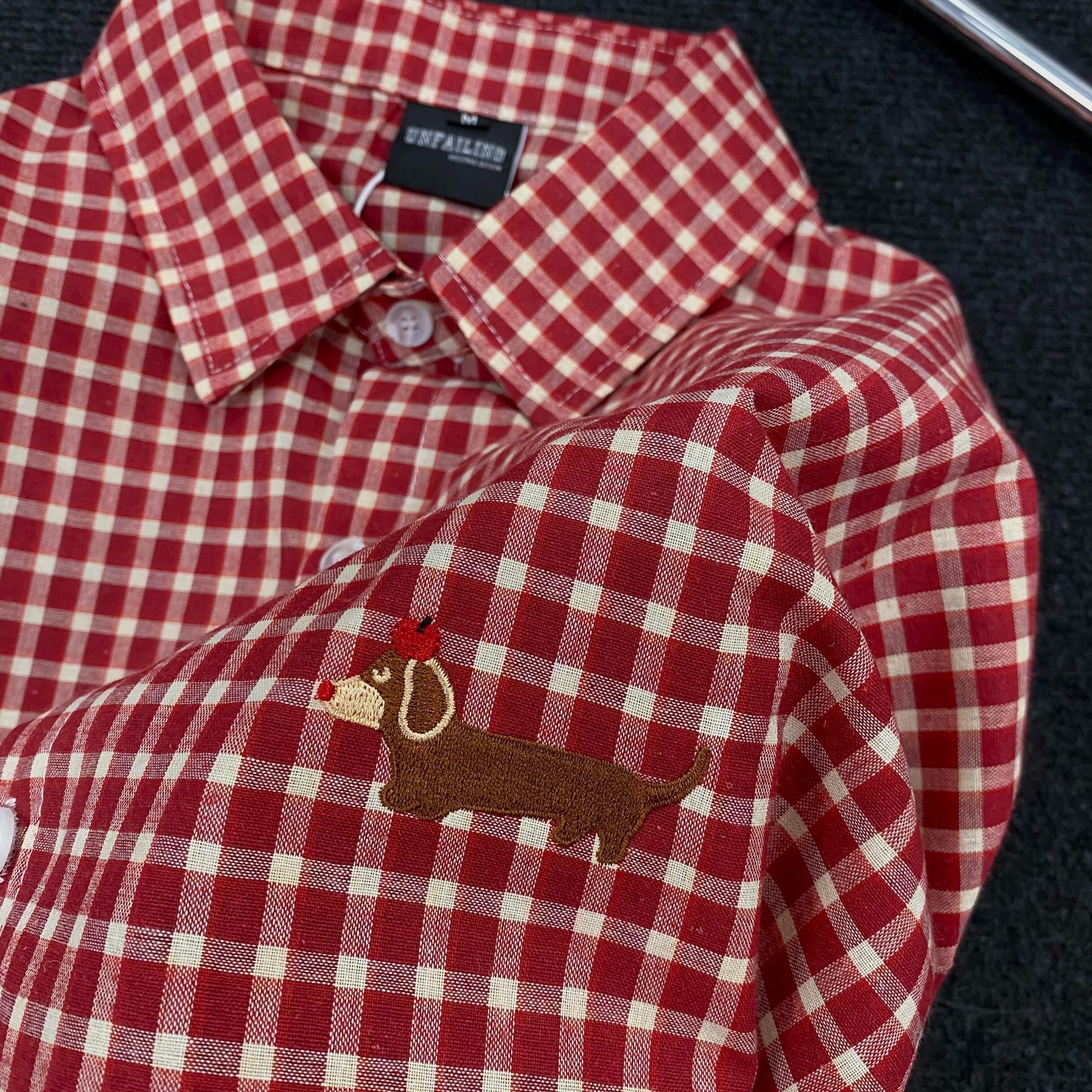 韓國chi美式復古紅色格子刺繡襯衫女外套新款寬鬆百搭長袖襯衣潮