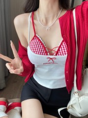 實拍 夏季新款性感純欲甜美彩格交叉胸衣吊帶背心辣妹兩件套