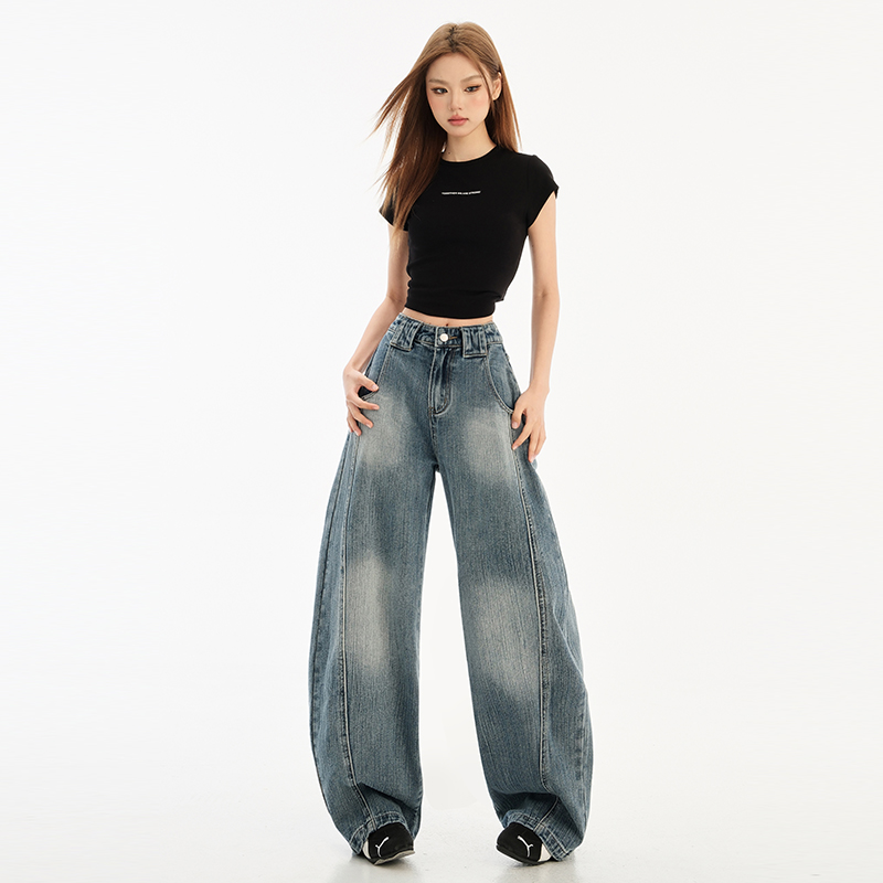 Bamboo joint deconstruction loose scimitar jeans men and women American retro washing wide-leg new casual trousers pants