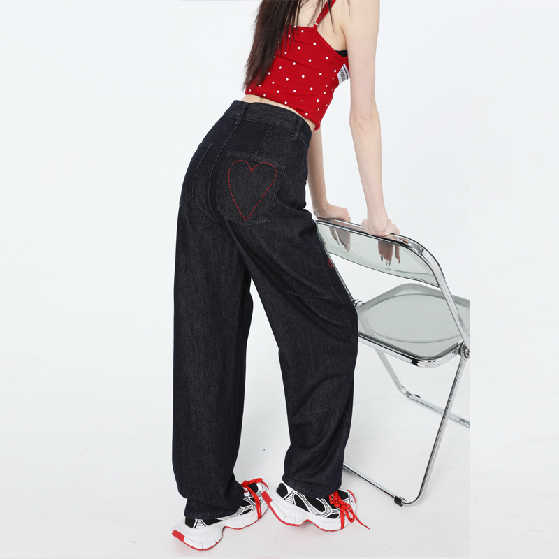 Dark blue and black technology anti-fading~reduce skin sensitivity~love embroidered wide-leg pants to make you look slim straight pants
