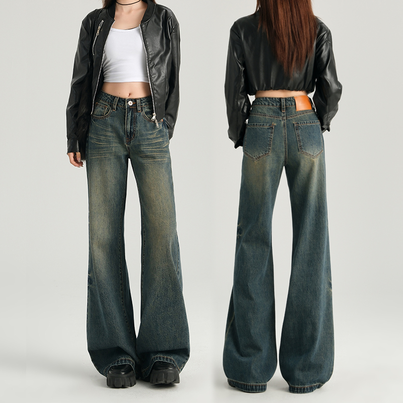 High-end new style loose and non-slim jeans for women with high waist loose and slimming wide legs extended floor
