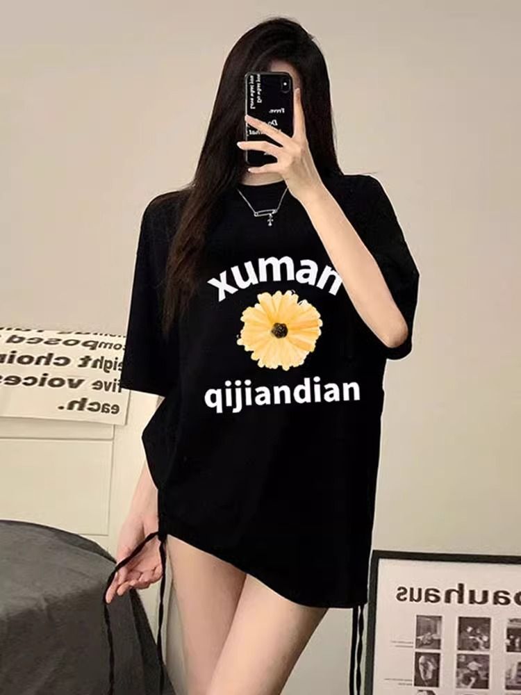 200g pure cotton 2025 new summer large size loose mid-length dress fat mm short-sleeved T-shirt skirt for women