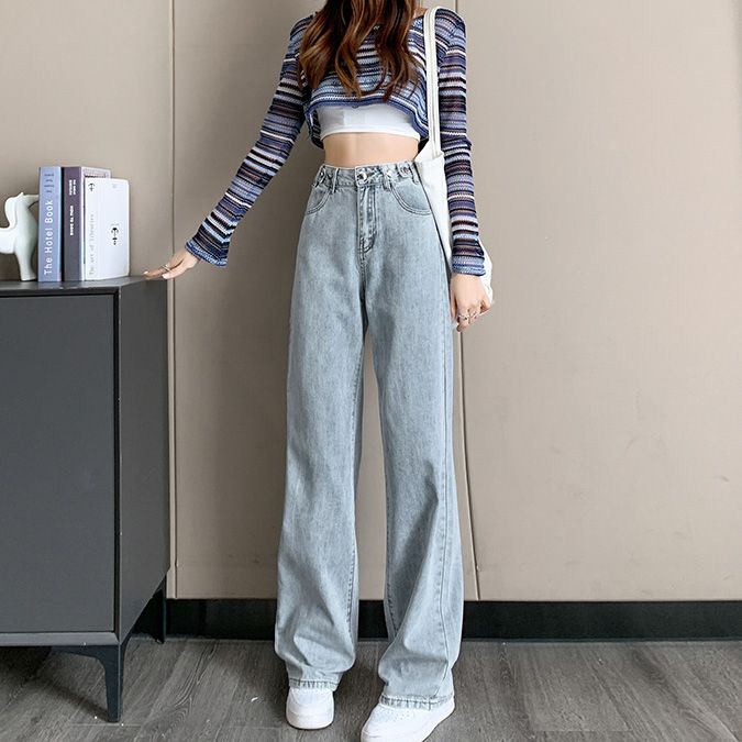 Fashionable straight jeans for women with high waist loose wide legs spring and autumn new versatile floor pants