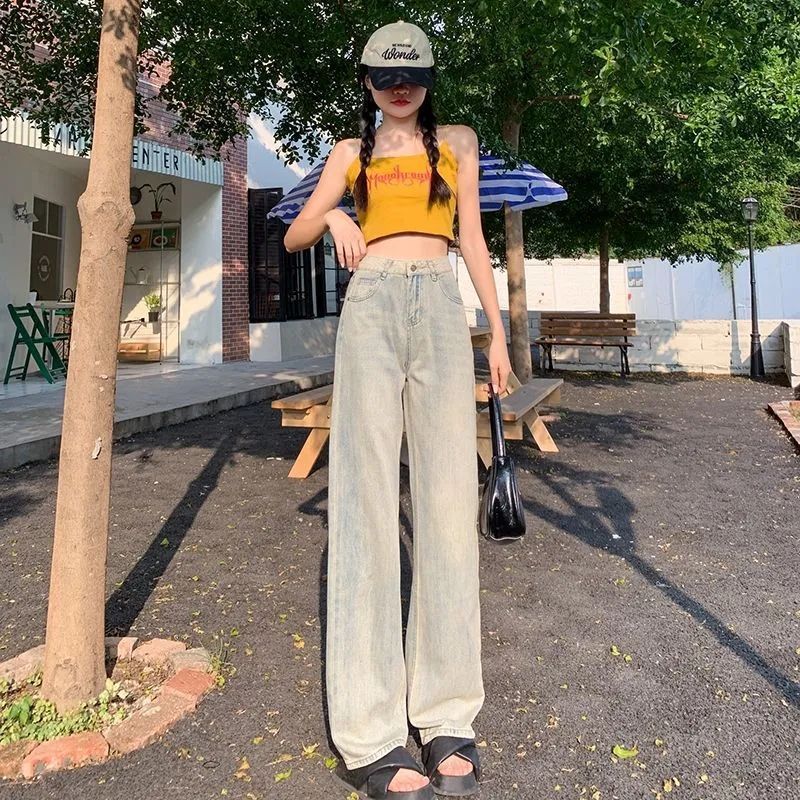 Spring and Autumn American retro high street yellow mud narrow version wide-leg jeans for women loose straight high waist slimming and draped floor