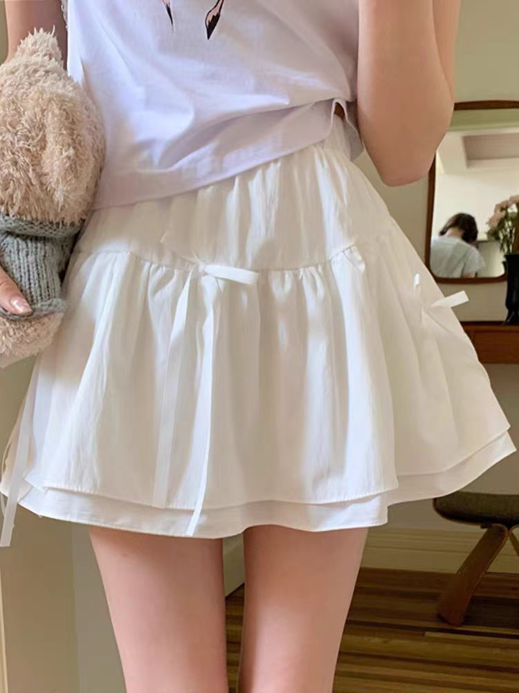 Girls' bow cute cake skirt summer versatile high waist slim A-line skirt for women