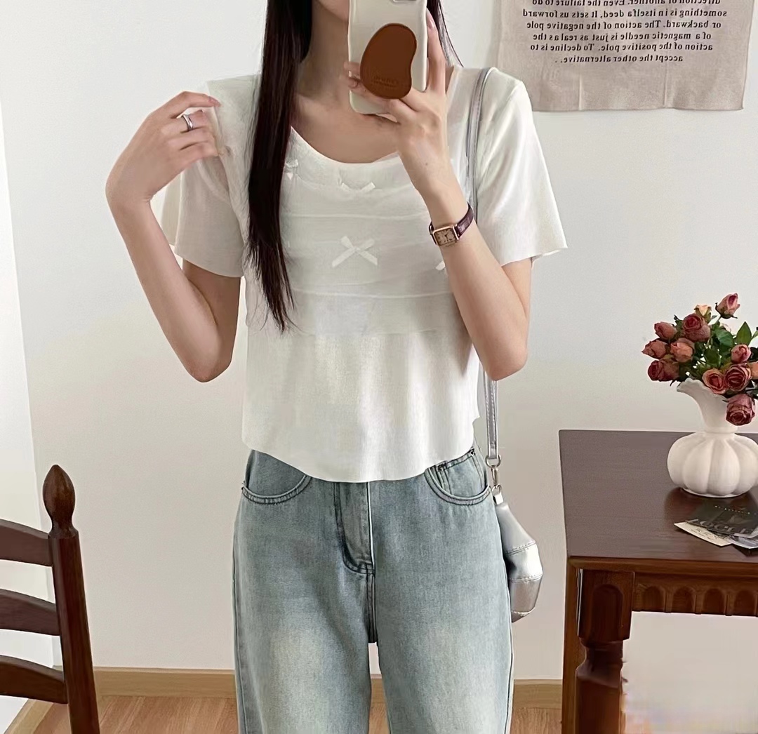 夏裝新款法式小眾純欲縫網紗拼接蝴蝶結短袖針織上衣女
