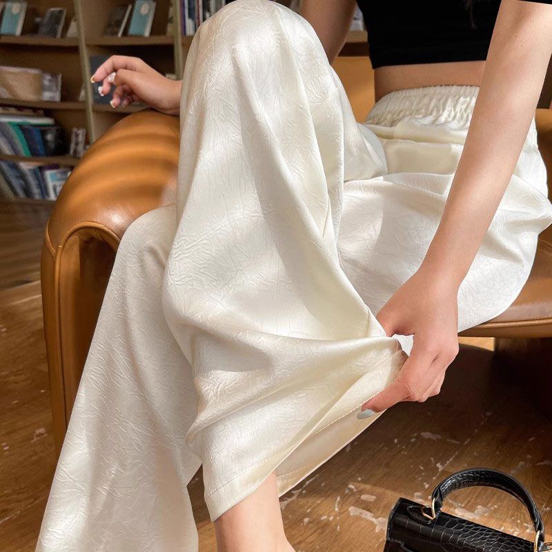 White acetic acid satin wide-leg pants for women 2025 new Korean style summer ice silk pants Chinese style new Chinese style pants