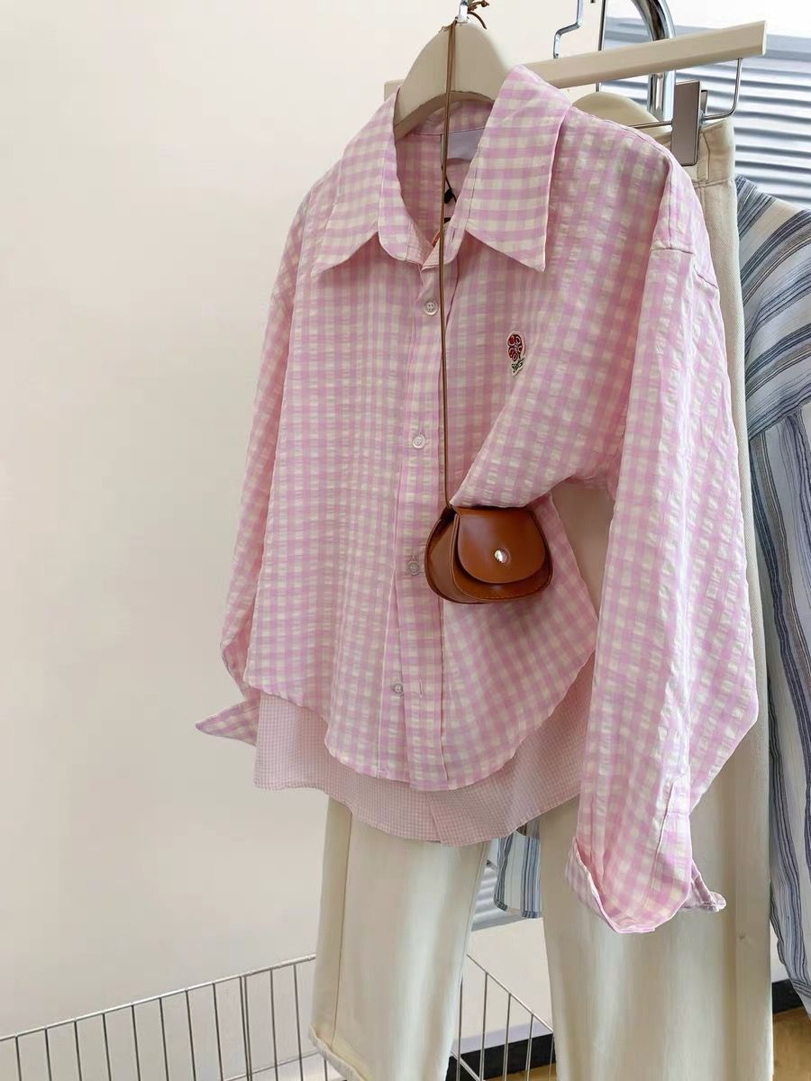 Fake two-piece plaid shirt for women in spring and autumn layered pink shirt loose long-sleeved top