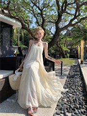 實拍重工蕾絲立體不規則絕美吊帶連衣裙假兩件長裙女