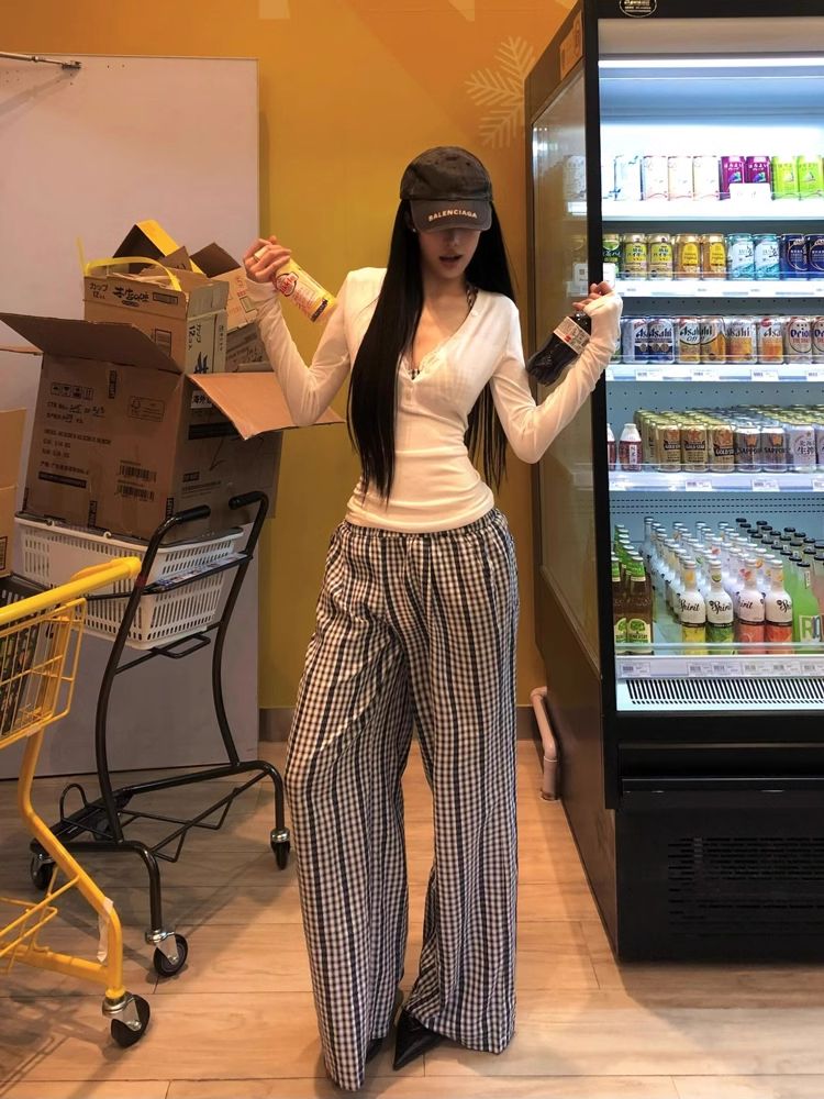 American Retro Check Straight Leg Casual Pants for Women - Spring New Arrival Wide Floor-Length Pants