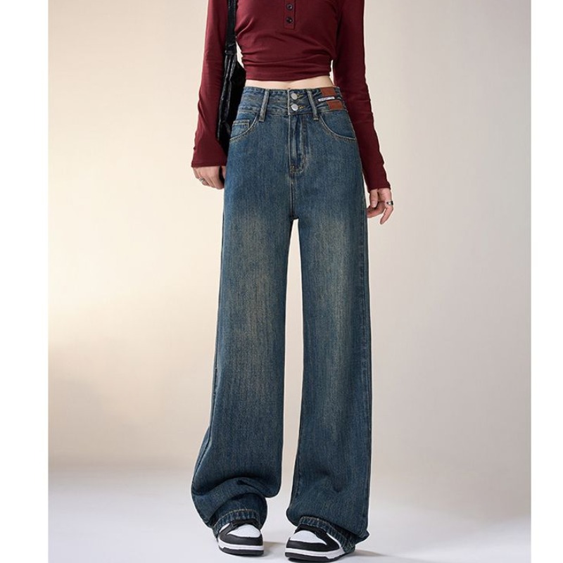All-match trendy double button straight jeans for women in spring and autumn new loose high waist slimming floor wide-leg jeans trendy