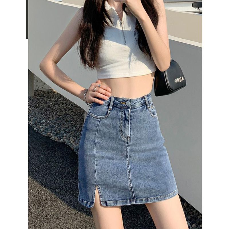 Casual simple slit denim A-line denim skirt for women in spring and summer new high-waisted versatile slim hip-pack skirt