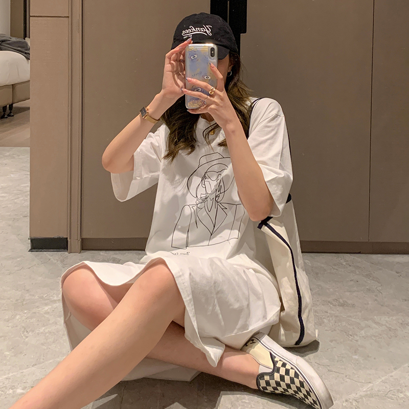 Real shot 6535 pull-up cotton 2025 fat MM loose long dress short-sleeved women's T-shirt top