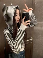 Little Devil Striped Jacket Women's Spring and Autumn Korean Loose Short Hooded Zipper Sweatshirt Cardigan Design Top Trendy